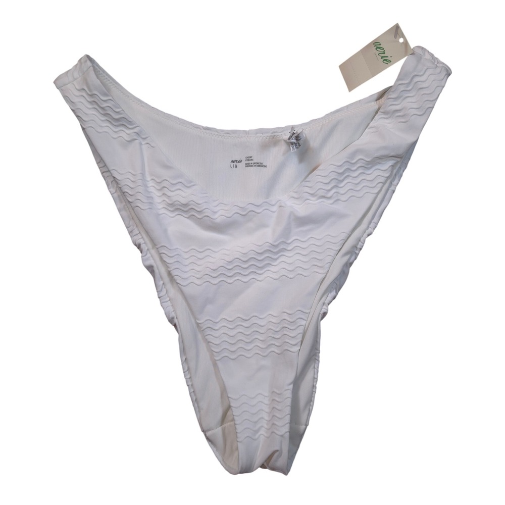 Aerie Cheeky Bikini Bottom White Wavy Textured High Cut 075-1754-2492 Womens L